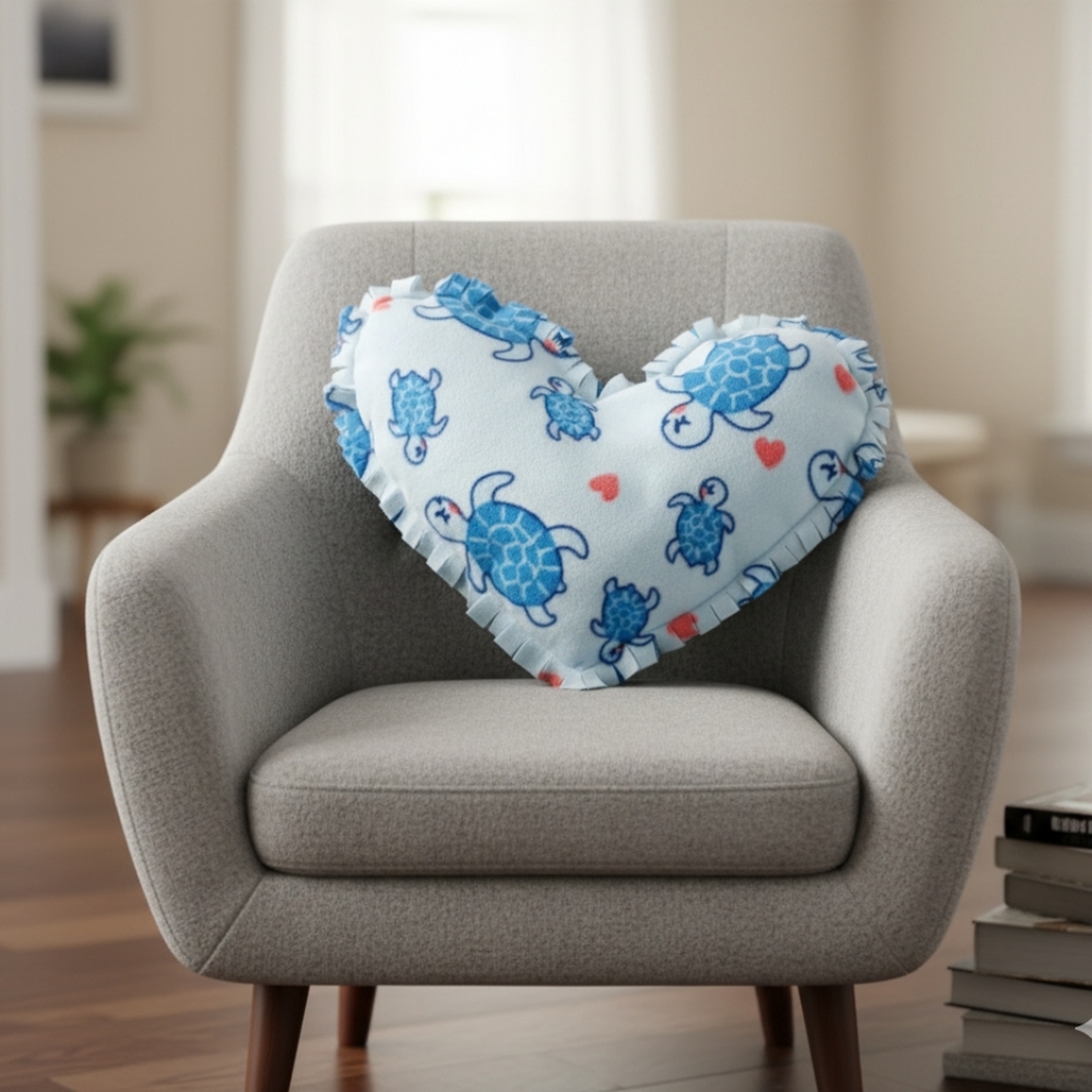 Handmade Heart Shaped Fleece Pillow - Blue / Turtles